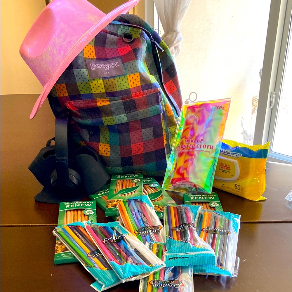 Jansport Multicolor Checkered Backpack with Pink Hat